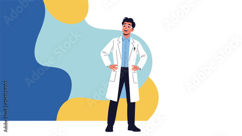 Confident young male scientist or doctor wearing a white lab coat and safety glasses standing in front of abstract shapes.