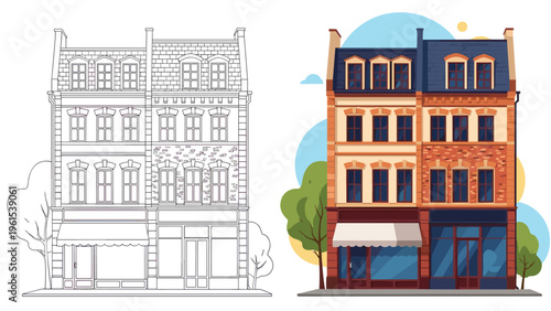 Visual comparison showing a line art drawing and a fully colored version of a classic European style residential and commercial building.