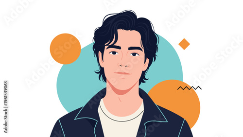 Portrait of a handsome young man with dark wavy hair and a friendly expression set against colorful abstract shapes.