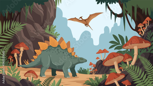 Stegosaurus dinosaur walking through a prehistoric jungle with a pterosaur flying above and giant mushrooms on ground.