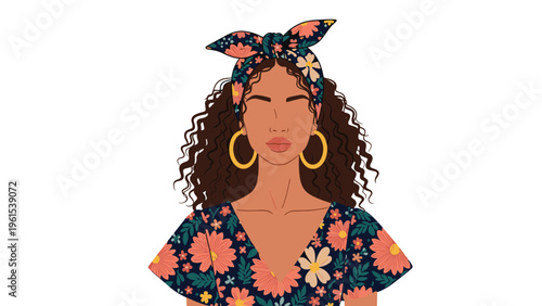 Beautiful woman with curly brown hair wearing a floral headband and matching dress against a white background.