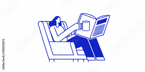 A woman relaxes in a chair reading a newspaper with a drink