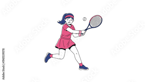Energetic young girl playing tennis and hitting a ball with her racket on a white background for sports and activity concept.
