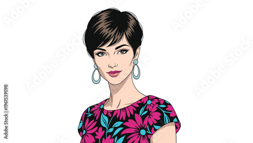Stylish woman with short dark hair wearing a vibrant pink and blue floral pattern dress and large hoop earrings.