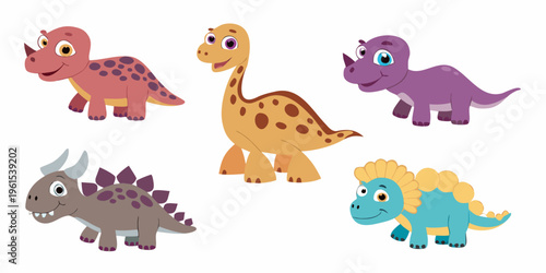 Cartoon dinosaurs of various species happily pose for a playful illustration