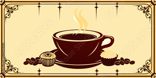 A steaming cup of coffee with pastries and coffee beans displayed