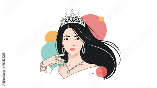 Elegant young woman wearing a sparkling silver crown and exquisite jewelry set against a soft abstract circular backdrop.
