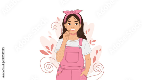 Charming young girl in pink denim overalls and a matching headband looking up thoughtfully with a sweet smile.