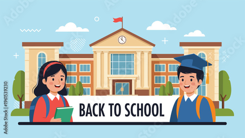 Two happy elementary school students standing in front of their school building for a back to school celebration.