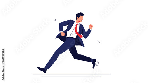 Determined businessman in a blue suit and red tie running fast towards his goals against a clean white background.