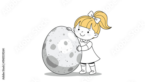 Sweet little girl with blonde hair tied in a bow hugging a giant spotted egg in a cute black and white drawing.