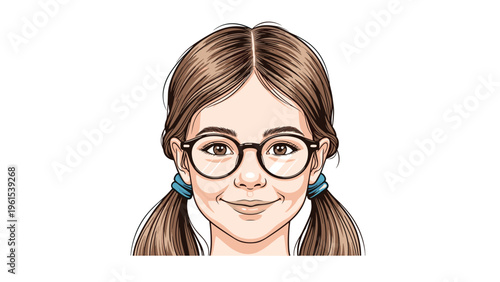 Close up portrait of a cheerful young girl with brown pigtails wearing round black glasses and smiling brightly.