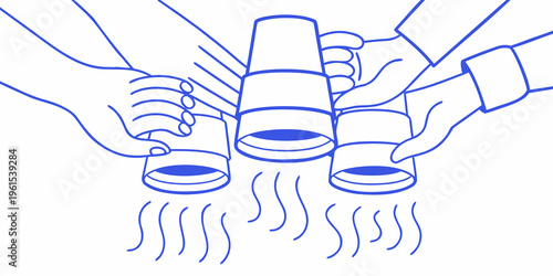 Hands holding three binoculars towards a wisp of smoke