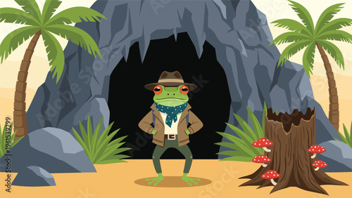 Brave frog explorer in an expedition outfit and hat standing confidently at the entrance of a mysterious dark cave.