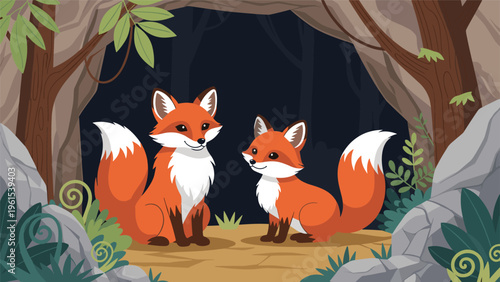 Pair of cute red foxes sitting together at the entrance of a dark forest cave surrounded by lush green foliage.