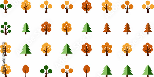 Colorful collection of stylized trees in varying shapes and autumnal hues
