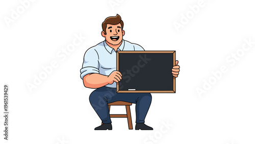 Friendly man in a light blue shirt sitting on a stool and holding a small blank chalkboard with a smile.