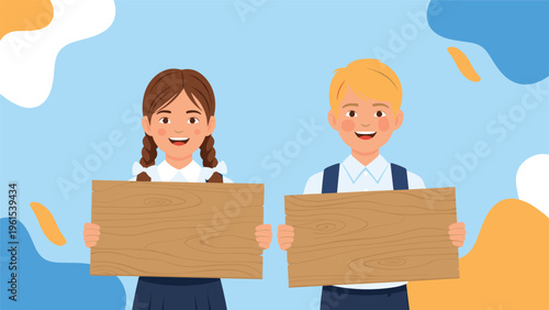 Two happy school children, a boy and a girl, holding blank wooden boards against a colorful abstract background.