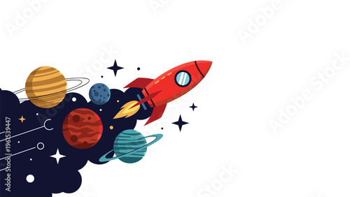 Red rocket ship blasting through outer space past colorful planets and twinkling stars into the dark galaxy.