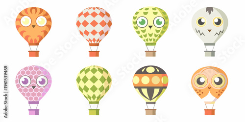 Colorful hot air balloons with animal like faces in a whimsical style