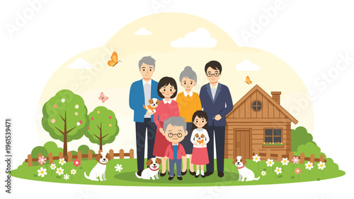 Happy multi-generational family standing together in front of their cozy wooden home in a beautiful garden with their pet dogs.
