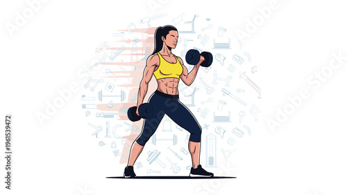 Fit muscular woman performing bicep curls with dumbbells against a backdrop of various exercise equipment and gym icons.