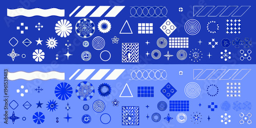 Abstract patterns and shapes in blue and white repeated twice