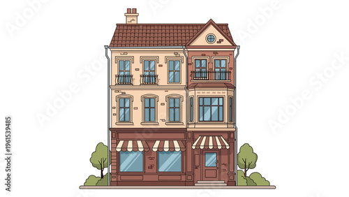 Detailed illustration of a three-story European style building featuring a ground floor storefront with awnings and residential balconies.