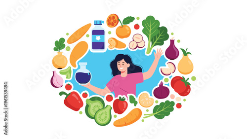 Happy young woman surrounded by an abundance of fresh colorful vegetables and fruits representing a healthy and balanced diet lifestyle.
