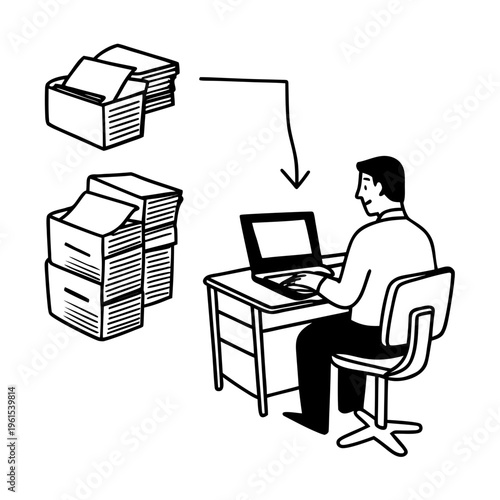 Man organizing his workflow by converting paper documents into digital files and sorting them into folders on a computer.