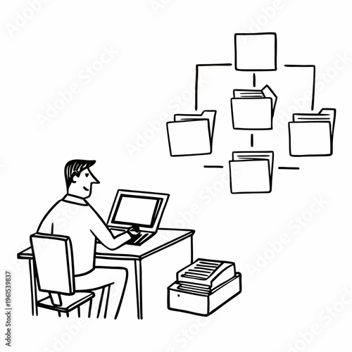 Man organizing his workflow by converting paper documents into digital files and sorting them into folders on a computer.