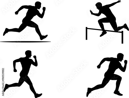 set of running athlete silhouettes with hurdle jump action poses, track and field sport collection for fitness training design, flat vector illustration