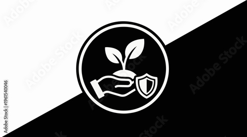 Nature protection and environmental conservation concept icon. Black and white vector-style illustration of a seedling being protected.