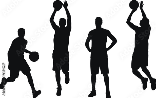 Silhouette of basketball players shooting and dribbling ball, sport athletes in dynamic action poses isolated on white background, flat vector illustration