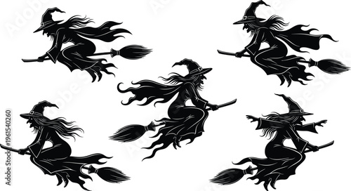 Black silhouette illustration of five witches flying on broomsticks with pointed hats and cloaks, representing Halloween artwork, folklore theme, mystical concept, and supernatural design inspiration