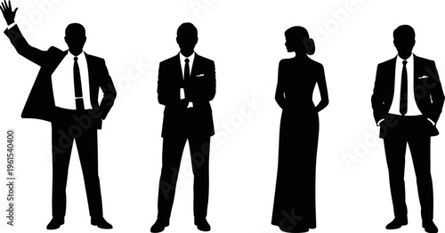 Silhouette of business professionals in formal suits, confident corporate people standing in different poses isolated on white background, flat vector illustration