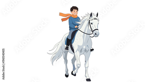 Smiling boy wearing a blue sweater and orange scarf riding a white horse across a clean white background.