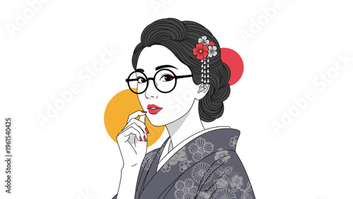 Modern illustration of a Japanese woman wearing a traditional floral kimono and stylish round glasses against a minimalist background.