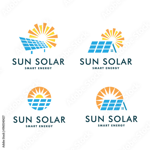 Sun solar panel energy logo design set, renewable energy icon vector illustration