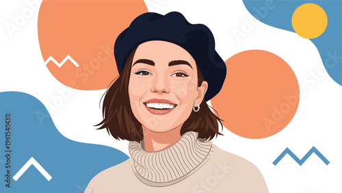 Cheerful woman with freckles and a beret smiling over an artistic background of colorful geometric shapes.