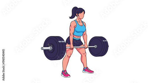 Strong athletic woman in gym clothes performing a heavy barbell deadlift exercise on a white background for fitness and strength training.