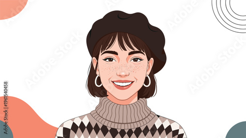 Close up portrait of a smiling young woman with freckles wearing a black beret and a checkered turtleneck sweater on a graphic background.