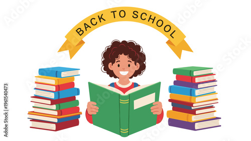 Young curly haired boy happily reading a large book while sitting between two tall colorful stacks of books under a back to school banner.