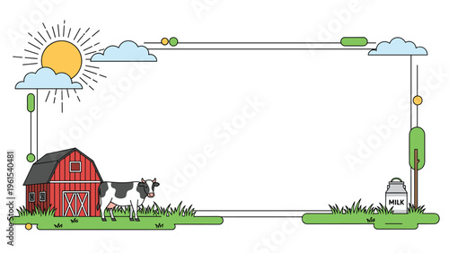 Rural farm scene featuring a red barn a dairy cow grazing on grass and a milk can next to a tree within a decorative frame border.