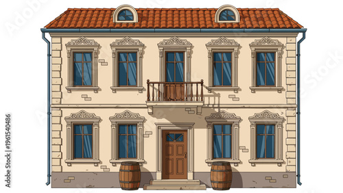 Grand two-story classic mansion or boutique hotel with ornate window decorations a center balcony and rustic barrels at the entrance.