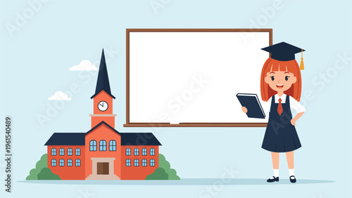 Young school girl in uniform holding a book and standing next to a large blank whiteboard with her school building in the background.