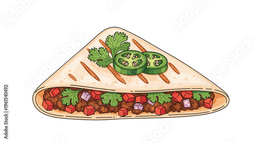 Delicious grilled quesadilla slice filled with seasoned ground meat and diced vegetables topped with fresh jalapeño slices and cilantro.