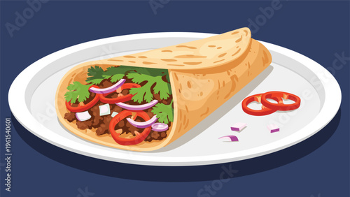Appetizing beef burrito wrapped in a soft tortilla and served on a white plate with fresh cilantro red peppers and onions.