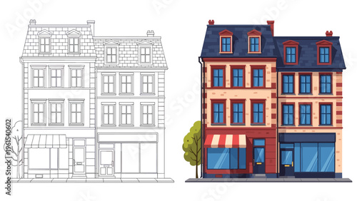 Visual comparison between a line art sketch and a fully rendered colored version of a classic European apartment building with shops.