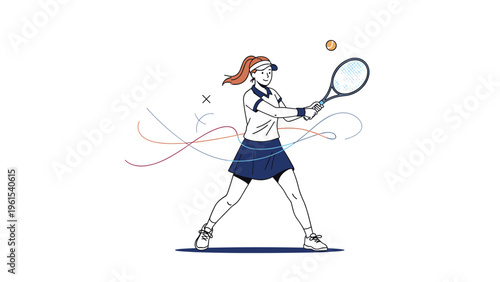 Athletic woman in a sports skirt and visor swinging a tennis racket to hit a ball on a white background with abstract lines.
